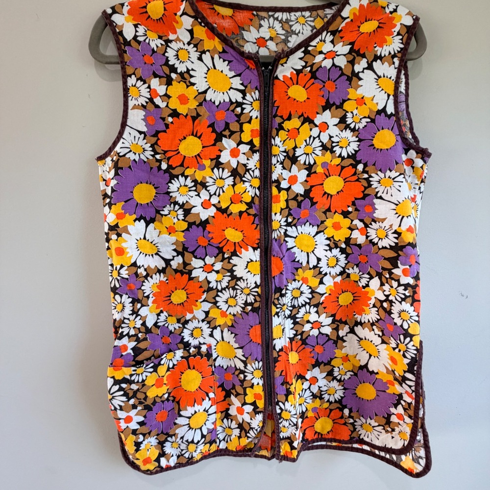 VTG Unbranded Floral Zip Up Vest Smock Women L Lightweight Retro Hippie Boho